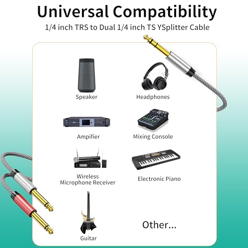 30ft Insert Cable - 1/4 Stereo to Dual 1/4 Mono Y Splitter Compatible with Amplifiers, Mixers, Guitars, Speakers and More - color: 6.35mm to 2x6.35mm Audio Cable, size: 30 feet
