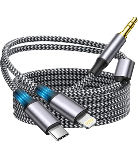 Apple MFi Certified Aux Cord for iPhone, 2 in 1 USB-C & Lightning to 3.5mm Jack Audio Cable for iPhone 16 15 14 13 12 11 XS XR X 8 7 6 iPad to Car/Home Stereo/Headphone/Speaker (Silver)