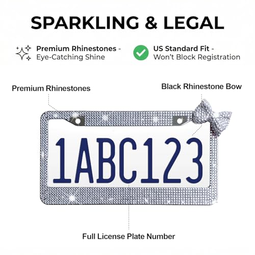 Wanheart 1 Pack White Bling License Plate Frame with White Corner Bow - color: White Frame + White Bow