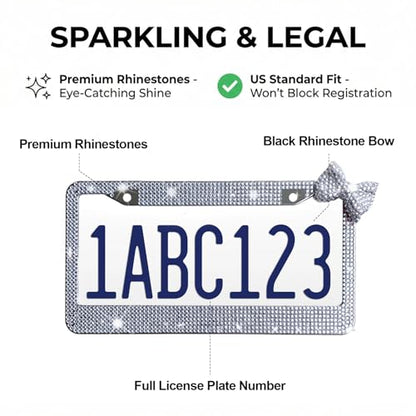 Wanheart 1 Pack White Bling License Plate Frame with White Corner Bow - color: White Frame + White Bow