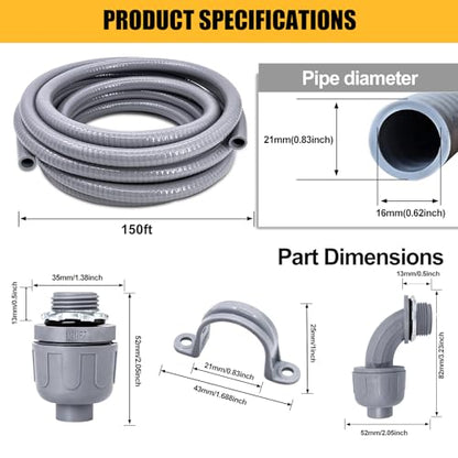 1/2 inch 150 Foot Liquid-Tight Conduit and Connector Kit, Flexible Non Metallic Electrical Conduit, With 10 Straight and 10 Angle Fittings and Pipe Strap - size: 1/2inch 150Ft