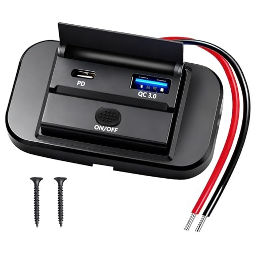 12V Flush Mount USB Charger with Power Switch, Multi-Port Car Charger for RV, Boat, Car, Bus, ATV, Motorcycle - Panel Mount Charging Accessories (PD+QC)