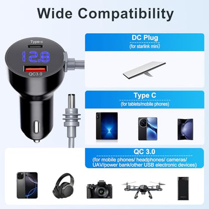 Starlink Mini Car Charger & Power Adapter, 3-in-1 Starlink Mini Cable 10FT with Digital Display & 12V-48V Cigarette Lighter Plug for Trucks, Cars, RVs - USB-C PD 40W & USB-A 35W Ports+Extension Cable