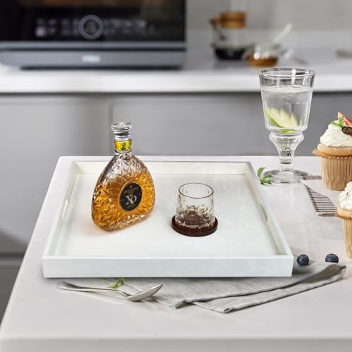 20 x 14 inches Leather Rectangle Serving Tray with Hole Handles,High-End Light Large Service Tray for Ottoman Tray, Tea, Food, Butler - Countertop, Kitchen,Family Dinner, Picnic (White) - color: White, size: 20" x 14" x 2"