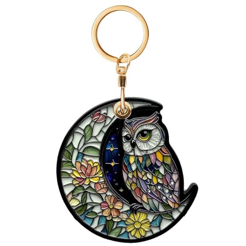Owl Leather Keychain Case Holder,GPS Tacker With Keychain Ring,Stained Glass Style Access Card Scratch-Resistant,Finders Accessories For Pets, Luggage, Wallet, Backpacks - color: Owl
