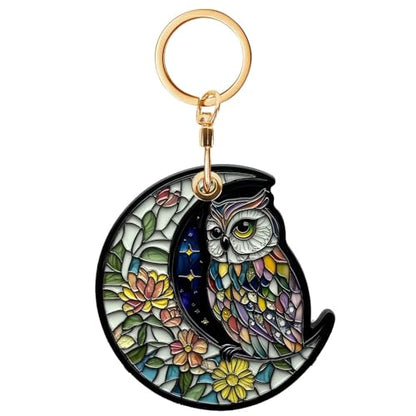 Owl Leather Keychain Case Holder,GPS Tacker With Keychain Ring,Stained Glass Style Access Card Scratch-Resistant,Finders Accessories For Pets, Luggage, Wallet, Backpacks - color: Owl