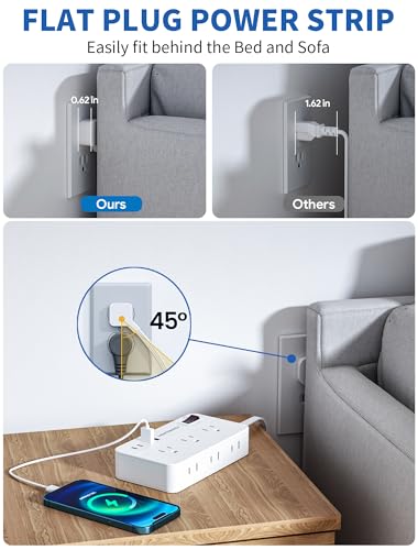 Surge Protector Power Strip - 5Ft Braided Extension Cord Flat Plug with 6 Outlets and 2 USB-A 2 USB-C Ports, 1080 Joules Wall Mounted Charging Station for Office Home ETL (5 FT) - size: 5 ft