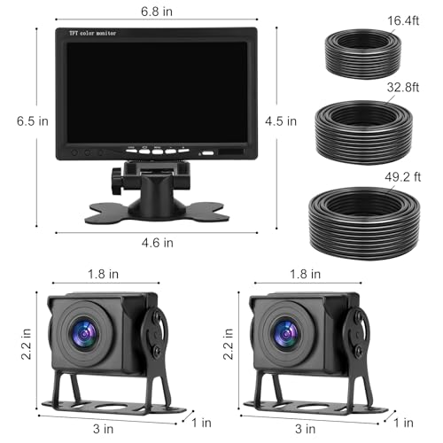 Dual RV Backup Camera with 7 Inch Monitor, AHD 1080P, 2 Channel, DIY Guide Lines 150 Degree Wide View Angel Wired Reverse Rear View Camera for Truck Car Trailer Camper Tractor - size: 7''+ 2 Camera