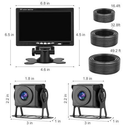 Dual RV Backup Camera with 7 Inch Monitor, AHD 1080P, 2 Channel, DIY Guide Lines 150 Degree Wide View Angel Wired Reverse Rear View Camera for Truck Car Trailer Camper Tractor - size: 7''+ 2 Camera