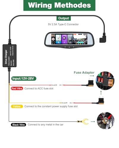 Dash Cam Hardwire Kit with USB C Interface, 12V-28V to 5V, 9.8FT Cable