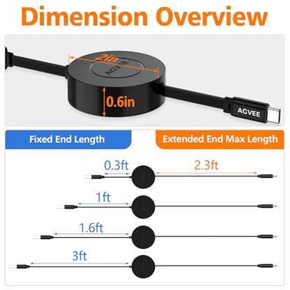 AGVEE 3ft Fixed / 2.3ft Extend Single-End Retractable USB C Cable - size: 3ft Fixed / 2.3ft Extend