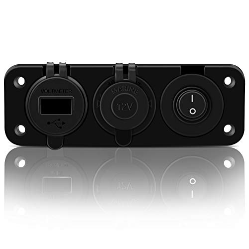 FXC 4 in 1 Marine Switch Panel, 12V 4.8A Dual USB Charger Socket Power Outlet & LED Voltmeter & Cigarette Lighter Socket & LED Lighted ON Off Rocker Toggle Switch for Truck Car Marine Boat RV