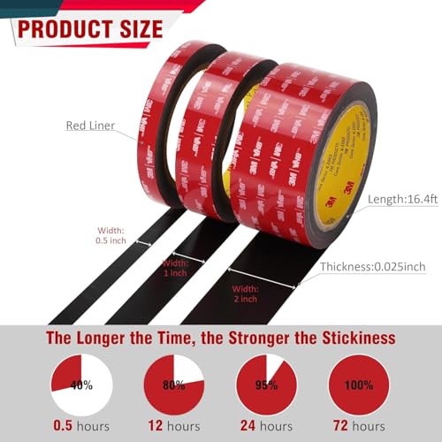 3M 5925 Double Sided Tape, 0.5 in x 16.4 ft Heavy Duty Foam Tape - size: 0.5" ×16.4ft