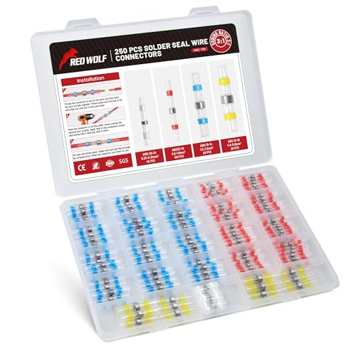 RED WOLF Solder Seal Wire Connector Kit 250 PCS Electrical Heat Shrink Butt Connector for Marine Automotive Boat Truck Home Waterproof Electronics Insulated Splice Joint Wire Terminals