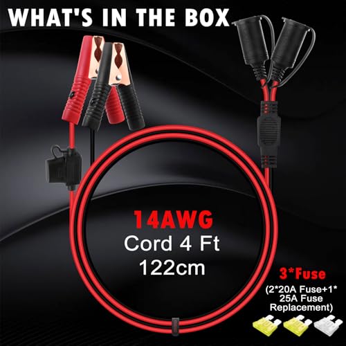 CUZEC 4ft / 1.2m 14 AWG Extension Cord Dual Plug Socket with Battery Clamp 12V/ 24V Battery Clip-On and Cigarette Lighter Adapter