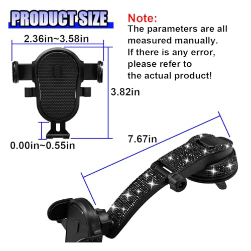 YoRise Bling Car Phone Holder, Rhinestone 360° Rotatable Auto Smartphone Stand with Adjustable Arm & Suction Cup Base, Vehicle Cellphone Bracket for Most Cars Windshield & Dashboard (Black) - color: Black