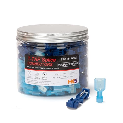 HKS 200PCS/100 Pairs T-TAP Wire Connector Quick Splice Disconnect Blue AWG 18-14 - Self-Stripping Electrical Terminals Kit Automotive Crimp Insulated - color: Blue, size: TAP&MALE