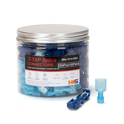 HKS 200PCS/100 Pairs T-TAP Wire Connector Quick Splice Disconnect Blue AWG 18-14 - Self-Stripping Electrical Terminals Kit Automotive Crimp Insulated - color: Blue, size: TAP&MALE