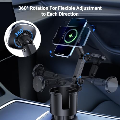 This Hill for Magnetic Cup Holder Charger, 360° Rotating Wireless Magnetic Car Charger, Fast Charging Phone Holder for iPhone 17 16 15 14 13 12 and Samsung Galaxy S20 Above Series [With QC 3.0 Adapter