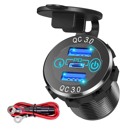 12V USB Outlet Aluminum Charger, Dual QC & PD Multiple USB Port for Car, USB C Cigarette Lighter Replacement 12 Volt Socket with ON/Off Control Swith, Waterproof for Marine Boat Motorcycle RV