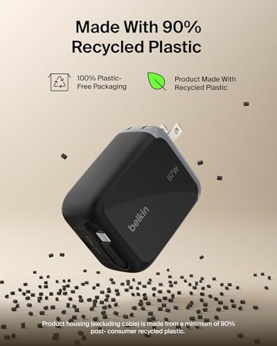 Belkin 67W GaN USB C Retractable Charger Block Fast Charging for Travel - color: Black, style: 67W
