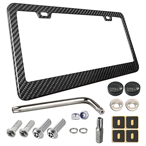 BGGTMO Carbon Fiber License Plate Frame - 100% Real Carbon Fiber Overlays Stainless Steel License Plate Frames | Stainless Steel Anti-Theft License Plate Screws | 1PC Black Gloss Plate Frame - color: Real Carbon Frame-Wide Edge
