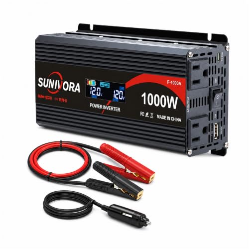 1000 Watt Car Power Inverter 12V DC to 110V/120V AC Converter 2000W Peak with LCD Display, 2 AC Outlets & 5V USB 3.0 Port, Car Plug in Adapter Outlet Supplies Power to Appliances in Car Boat1