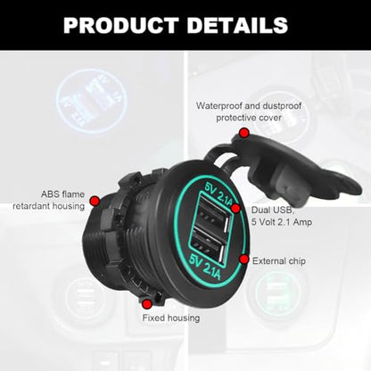 4.2A Dual USB Charger Socket, Waterproof Power Outlet 12V/24V 2.1A & 2.1A Quick Charge Socket, USB Charger Socket with Cap for Car Golf Cart Mobile RV ATV Truck Marine Boat (Green) - color: Green