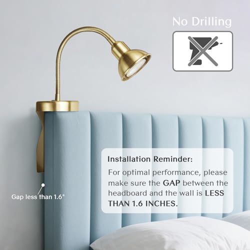 Solfres Patented Innovative Design Headboard Reading Light. No Drilling Golden Book Light for Bedtime Reading. Dimmable LED Book Reading Lamp with Bulb. Movable & Flexible, Gold - color: Gold, size: M