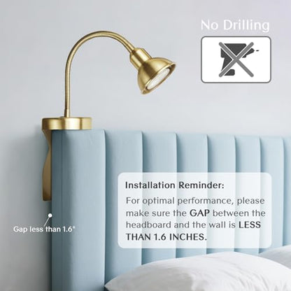 Solfres Patented Innovative Design Headboard Reading Light. No Drilling Golden Book Light for Bedtime Reading. Dimmable LED Book Reading Lamp with Bulb. Movable & Flexible, Gold - color: Gold, size: M