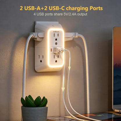 Wall Outlet Extender with Night Light, Power Plug Adapter 6 Outlet Extender with 4 USB Charging Ports 1050J Power Strip Multi Plug Adapter Spaced for Home Travel Office (2U2C)-ETL - color: White-1Pcs