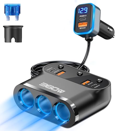 Cigarette Lighter Splitter Adapter 360W: Car 12v Splitter 3 Socket Car Charger Extension Triple USB C 36W and QC3.0 18W Ports 12 Volt Power Outlet DC with Button Switch LED Voltmeter 15A Fuse