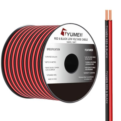 TYUMEN 18 Gauge Wire 100FT, 18/2 AWG Red Black Hookup Electrical Wire LED Strips Extension Cord 12V/24V DC Cable, 18AWG 2 Conductors Flexible Wire for LED Ribbon Lamp Tape Lighting - size: 100 Feet