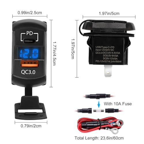Linkstyle 2PCS Car Rocker Switch Outlet, 36W QC3.0 USB-A Port & 55W PD Port Charger Socket with LED Voltmeter for 12V/24V RV Boat Motorcycle