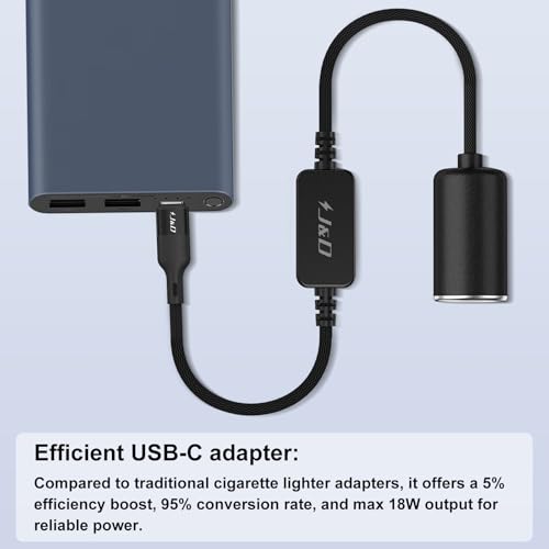 J&D USB C Male to 12V Car Cigarette Lighter Socket Female Converter Cable, 12V 18W Power Cable for Dash Cam, GPS, Car LED Light Strips, Black, 1 ft - color: Black, size: 1 ft
