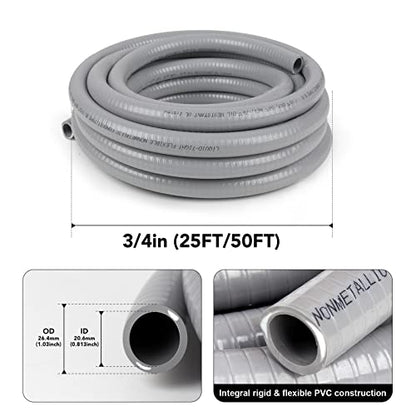 3/4inch 50ft Liquid-Tight Conduit and Connector Kit,Flexible Non-Metallic Liquid Tight Electrical Conduit Kit with 5 Straight and 3 90-Degree Connector Fittings,3/4 in. Dia - size: 3/4inch 50ft