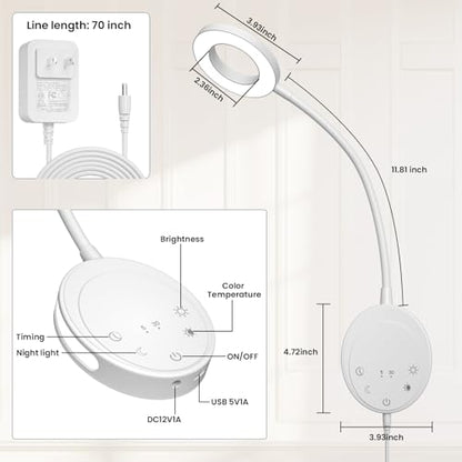 Wall Mounted Reading Light,Headboard Reading Lamp with 5 Color Temperature &5 Dimming,360°Flexible Gooseneck,USB Output, Night Light&Timer Function- Perfect for Reading in Bed (White 2 PCS) - color: White 2 PCS