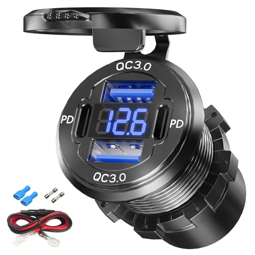 Dual PD USB C Ports & Dual Quick Charge 3.0 Ports Car Charger Socket, VANONE Aluminum Alloy Waterproof 12V USB Outlet, Accessories for Car Boat Marine Motorcycle RV ATV Truck Golf Cart, etc