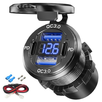 Dual PD USB C Ports & Dual Quick Charge 3.0 Ports Car Charger Socket, VANONE Aluminum Alloy Waterproof 12V USB Outlet, Accessories for Car Boat Marine Motorcycle RV ATV Truck Golf Cart, etc
