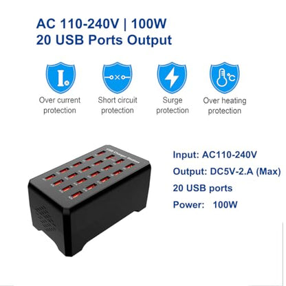 MaxLax 20-Port USB Charger Station, 100W/20A, Compatible with Smartphones, Tablets, and Other USB Devices - color: Black-20 port