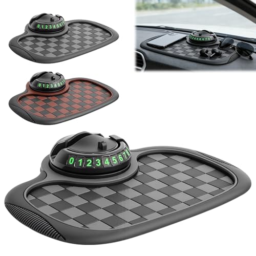 Multifunction Car Anti Slip Mat, 360° Rotatable Phone Holder Dashboard Pad with Temporary Parking Number, Organizer for Phone Sunglasses Keys (Black and Gray Plaid) - color: Black and gray plaid