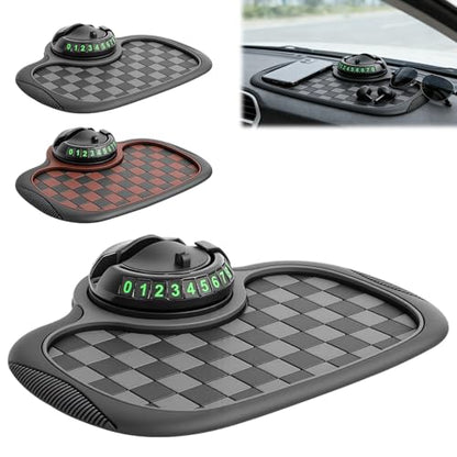 Multifunction Car Anti Slip Mat, 360° Rotatable Phone Holder Dashboard Pad with Temporary Parking Number, Organizer for Phone Sunglasses Keys (Black and Gray Plaid) - color: Black and gray plaid