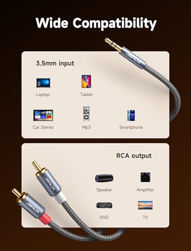 JSAUX RCA to 3.5mm Cable 6.6ft, 2RCA Male to Aux Audio Adapter HiFi Sound - color: Grey, size: 6.6ft