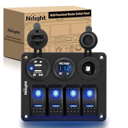 Nilight - 90117G 4 Gang Rocker Switch Panel Waterproof Pre-Wired Aluminum Switch Panel with Dual USB Cigarette Lighter Socket Voltmeter12V-24V DC ON Off Switch Panel for Cars Rvs Trucks, Blue - color: Blue, size: 4+3 Gang Dual USB