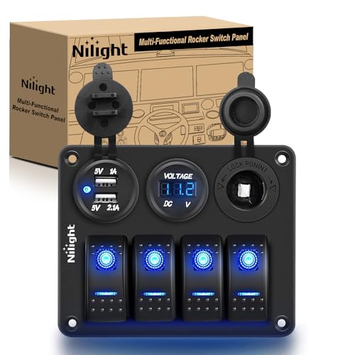 Nilight - 90117G 4 Gang Rocker Switch Panel Waterproof Pre-Wired Aluminum Switch Panel with Dual USB Cigarette Lighter Socket Voltmeter12V-24V DC ON Off Switch Panel for Cars Rvs Trucks, Blue - color: Blue, size: 4+3 Gang Dual USB