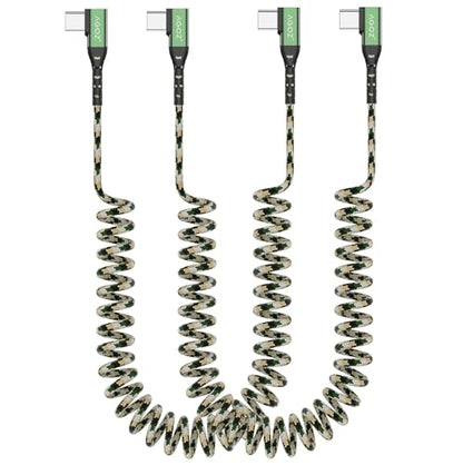 AGOZ 2 Pack Right Angle Braided Coiled USB C to USB C Cable Fast Charger Cord Compatible with Galaxy S26, S25, S24, S23 Ultra, Z Fold 7, A17, A36, A54, Pixel 10, Pixel 9 Pro, Moto G Play (Camo) - color: Camo