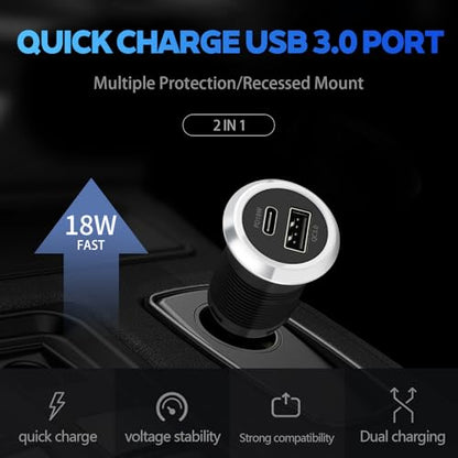 RV USB Outlet 12V Wall Mount, Dual USB Quick Charge 3.0 Port & PD USB C Charger, 12V/24V Automotive Outlet Socket Adapter for RV Marine Boat Bus ATV Motorcycle Truck(Round,2 Pack)