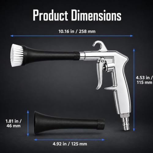 Car Cleaning Gun for Car Detailing, High Pressure Air Blow Gun Works with Air Compressor, Dry Cleaning Gun Quickly Removes Surface Dirt and Dust from Interior, Comes with 3 Brushes and 2 Nozzles