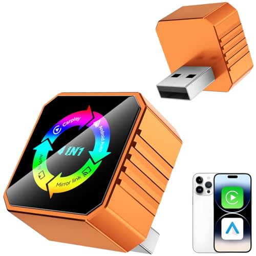 2026 4-in-1 Wireless CarPlay & Android Auto Adapter, AirPlay MirrorLink Screen Mirroring Dongle, 5.8G WiFi BT 5.3, USB/C Plug & Play for OEM Wired Cars (Orange) (Orange)