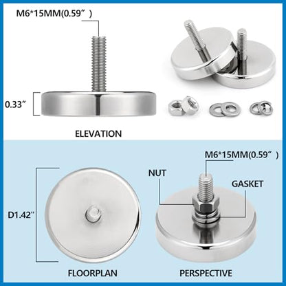 Flutesan 4pc Strong Round Mounting Magnet with Bolt, 1.42"-110lb-M6 Silver - color: Silver, size: 1.42in-90lb-M6